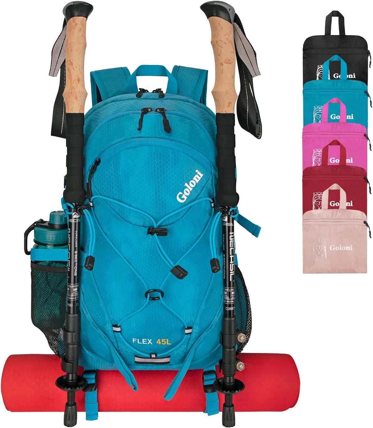 Goloni 45L Hiking Backpack Lightweight Foldable, Waterproof Camping Backpack with Rain Cover & Hiking Pole Mat Carrying System, Ergonomic Water Resistant Daypack for Trekking Travel Men Women Rose