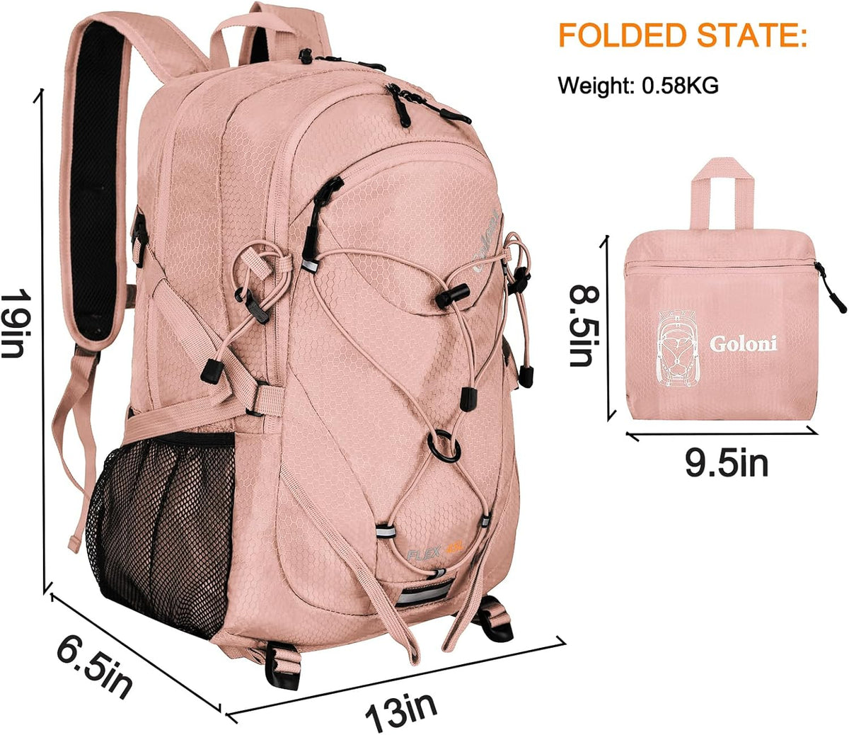 Goloni 45L Hiking Backpack Lightweight Foldable, Waterproof Camping Backpack with Rain Cover & Hiking Pole Mat Carrying System, Ergonomic Water Resistant Daypack for Trekking Travel Men Women Rose