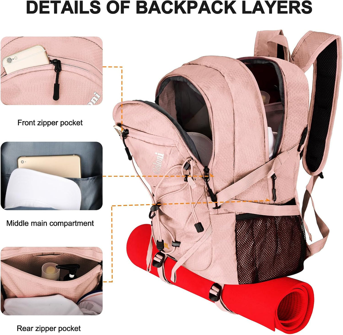 Goloni 45L Hiking Backpack Lightweight Foldable, Waterproof Camping Backpack with Rain Cover & Hiking Pole Mat Carrying System, Ergonomic Water Resistant Daypack for Trekking Travel Men Women Rose