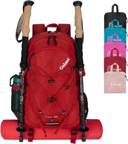 Goloni 45L Hiking Backpack Lightweight Foldable, Waterproof Camping Backpack with Rain Cover & Hiking Pole Mat Carrying System, Ergonomic Water Resistant Daypack for Trekking Travel Men Women Rose