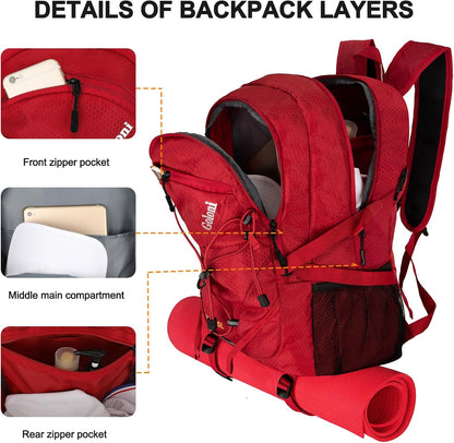 Goloni 45L Hiking Backpack Lightweight Foldable, Waterproof Camping Backpack with Rain Cover & Hiking Pole Mat Carrying System, Ergonomic Water Resistant Daypack for Trekking Travel Men Women Rose