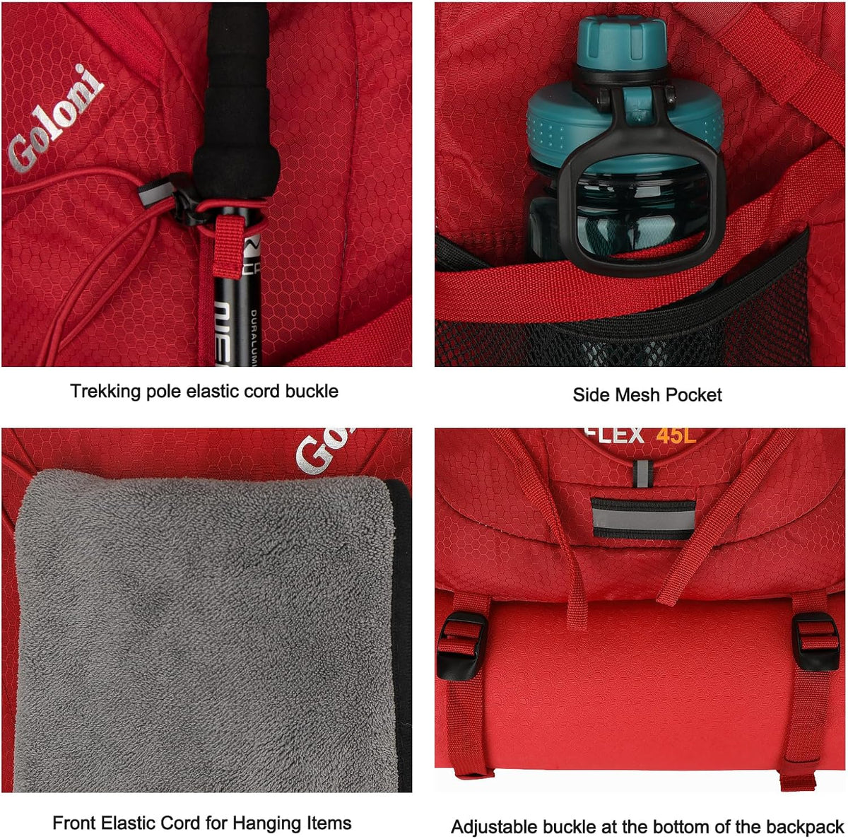 Goloni 45L Hiking Backpack Lightweight Foldable, Waterproof Camping Backpack with Rain Cover & Hiking Pole Mat Carrying System, Ergonomic Water Resistant Daypack for Trekking Travel Men Women Rose