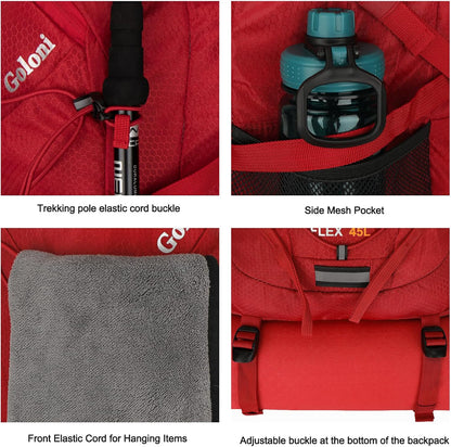 Goloni 45L Hiking Backpack Lightweight Foldable, Waterproof Camping Backpack with Rain Cover & Hiking Pole Mat Carrying System, Ergonomic Water Resistant Daypack for Trekking Travel Men Women Rose
