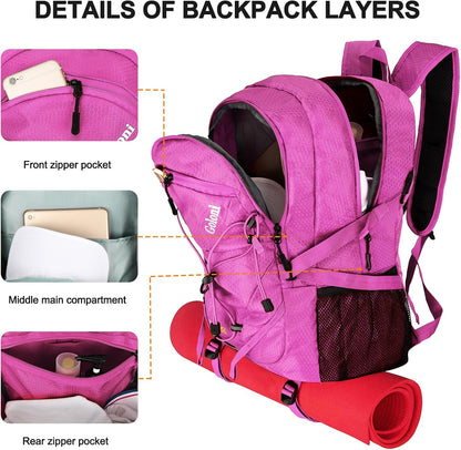 Goloni 45L Hiking Backpack Lightweight Foldable, Waterproof Camping Backpack with Rain Cover & Hiking Pole Mat Carrying System, Ergonomic Water Resistant Daypack for Trekking Travel Men Women Rose