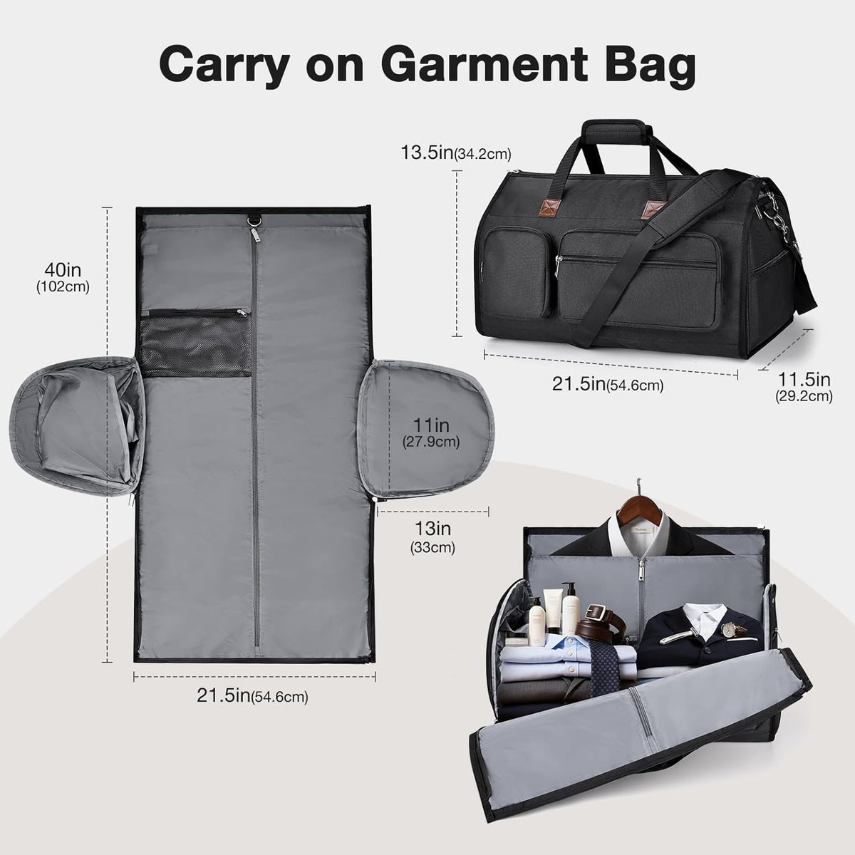 56L Convertible Garment Duffle Bag for Travel - Carry On Garment Bags with Shoe Compartment, Foldable Suit case for Business Trips, Weekends & Formal Occasions
