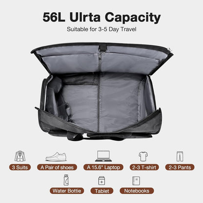 56L Convertible Garment Duffle Bag for Travel - Carry On Garment Bags with Shoe Compartment, Foldable Suit case for Business Trips, Weekends & Formal Occasions