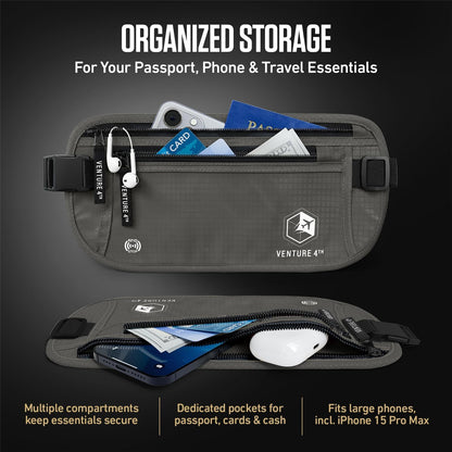 Money Belt for Travel – Slim Hidden Under-Clothes RFID Blocking Anti-Theft Passport Holder & Travel Wallet Pouch for Men & Women to Protect Cash, Cards & Documents (Black)