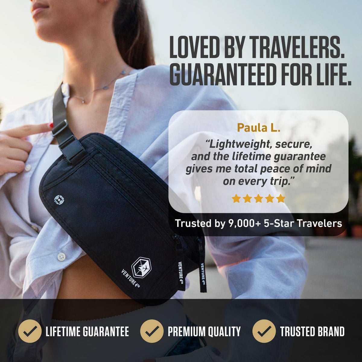 Money Belt for Travel – Slim Hidden Under-Clothes RFID Blocking Anti-Theft Passport Holder & Travel Wallet Pouch for Men & Women to Protect Cash, Cards & Documents (Black)