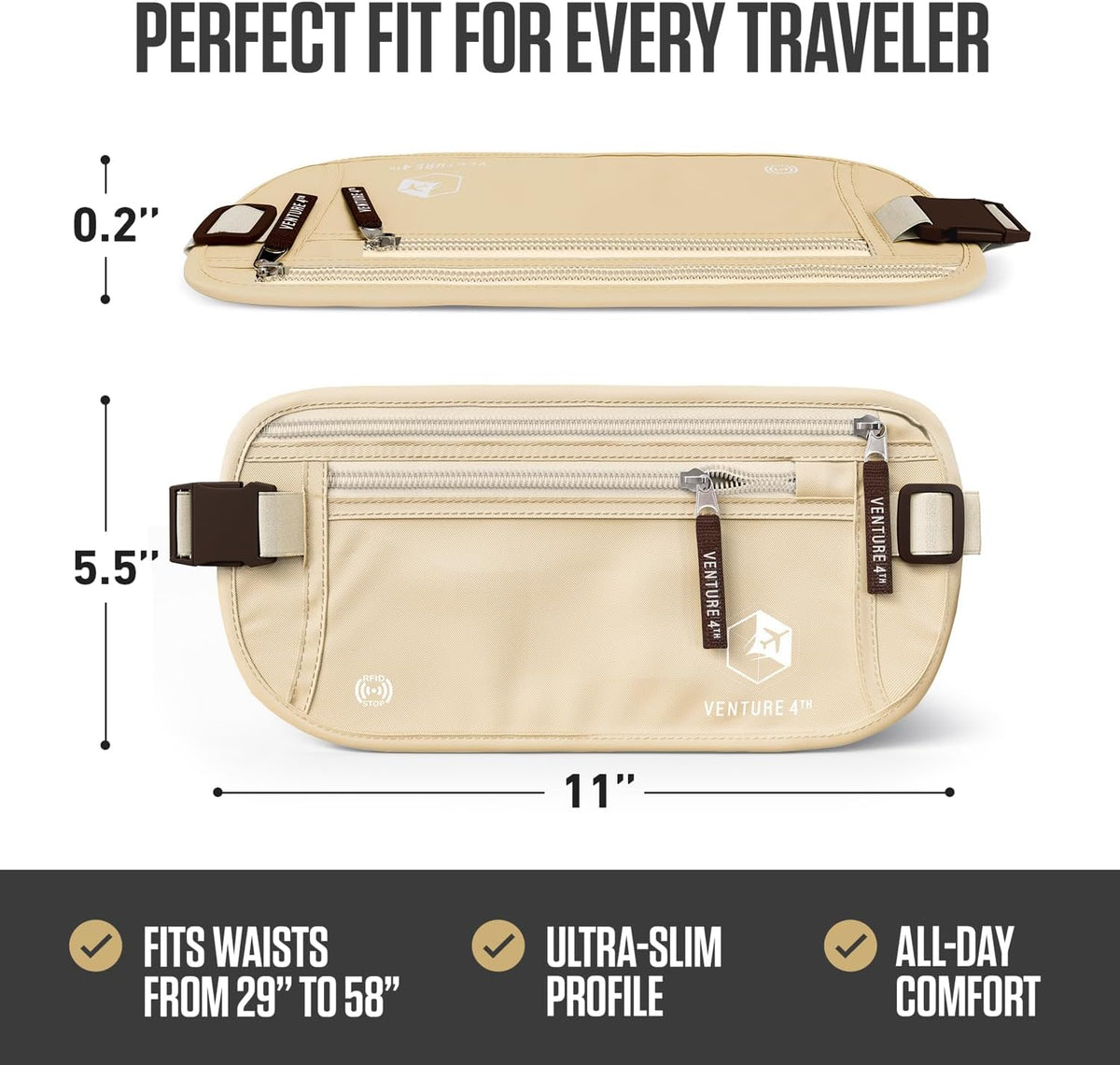 Money Belt for Travel – Slim Hidden Under-Clothes RFID Blocking Anti-Theft Passport Holder & Travel Wallet Pouch for Men & Women to Protect Cash, Cards & Documents (Black)