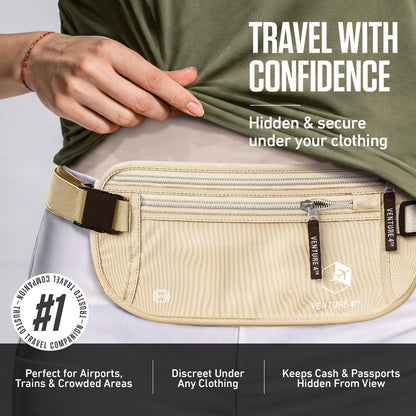 Money Belt for Travel – Slim Hidden Under-Clothes RFID Blocking Anti-Theft Passport Holder & Travel Wallet Pouch for Men & Women to Protect Cash, Cards & Documents (Black)