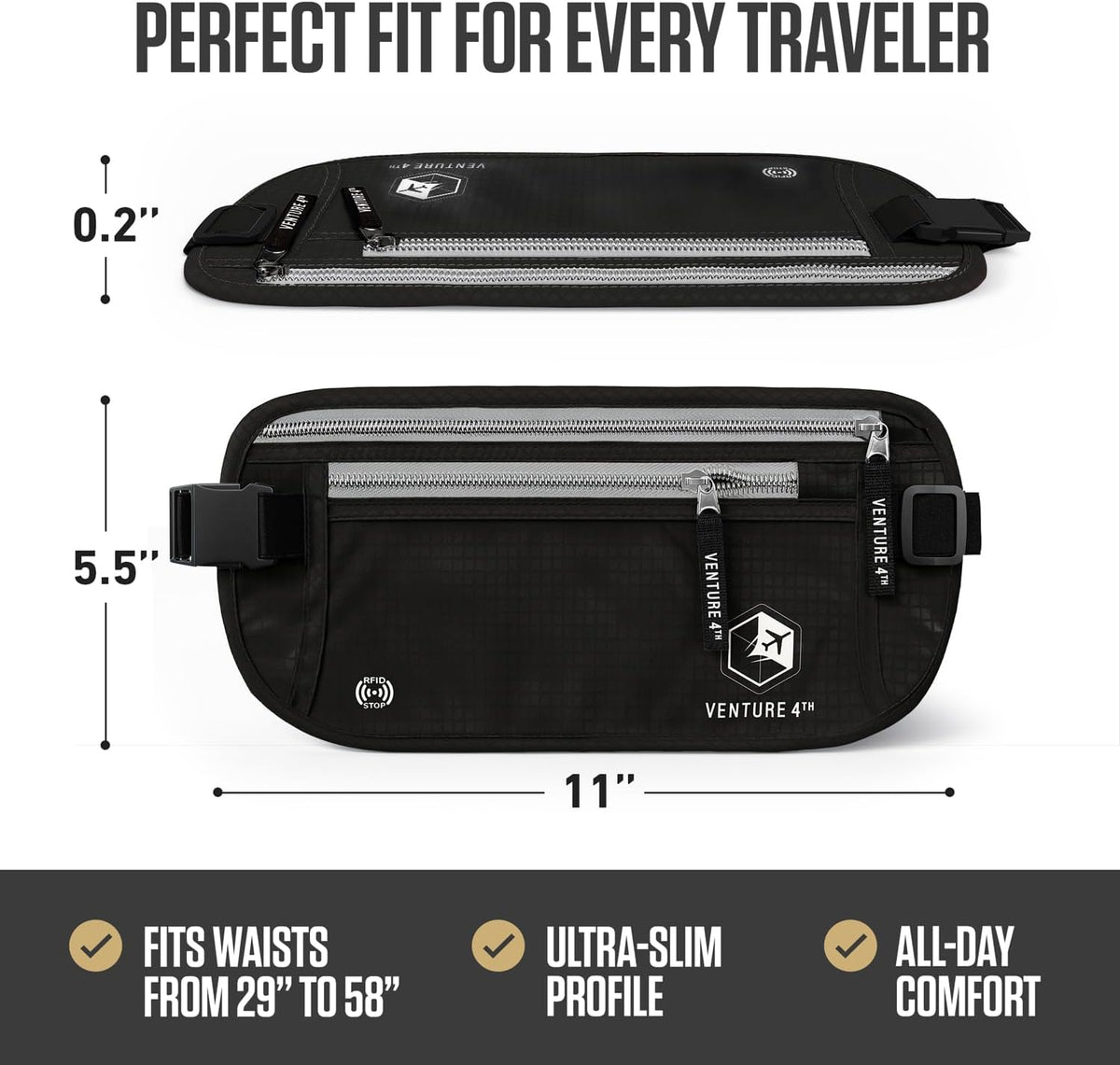 Money Belt for Travel – Slim Hidden Under-Clothes RFID Blocking Anti-Theft Passport Holder & Travel Wallet Pouch for Men & Women to Protect Cash, Cards & Documents (Black)