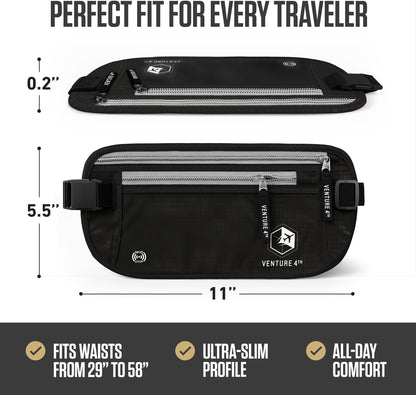 Money Belt for Travel – Slim Hidden Under-Clothes RFID Blocking Anti-Theft Passport Holder & Travel Wallet Pouch for Men & Women to Protect Cash, Cards & Documents (Black)