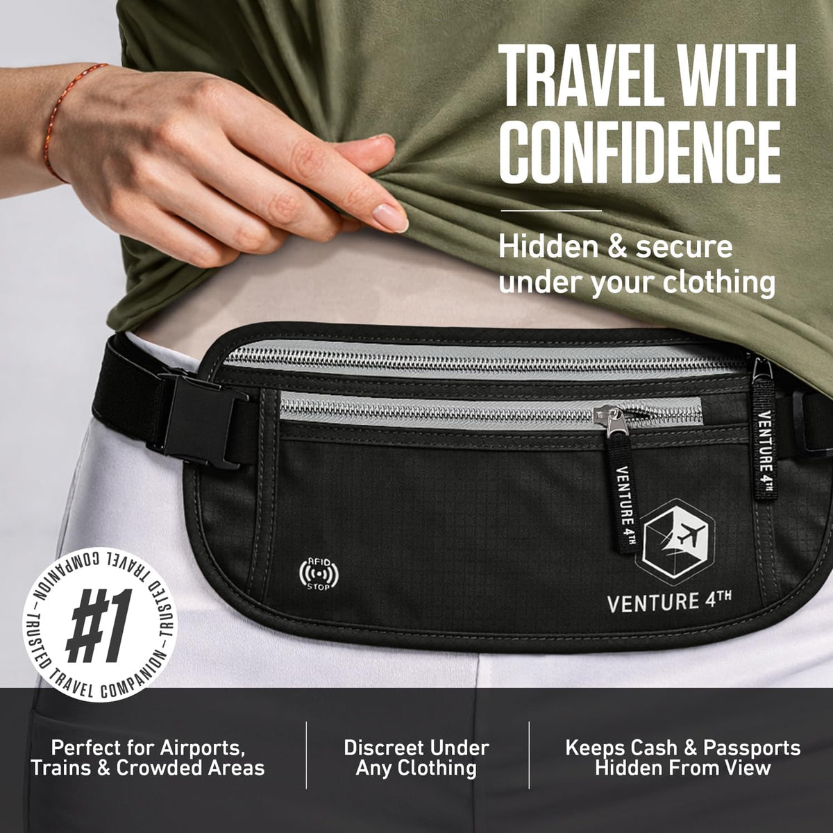 Money Belt for Travel – Slim Hidden Under-Clothes RFID Blocking Anti-Theft Passport Holder & Travel Wallet Pouch for Men & Women to Protect Cash, Cards & Documents (Black)