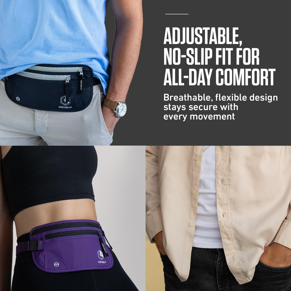 Money Belt for Travel – Slim Hidden Under-Clothes RFID Blocking Anti-Theft Passport Holder & Travel Wallet Pouch for Men & Women to Protect Cash, Cards & Documents (Black)