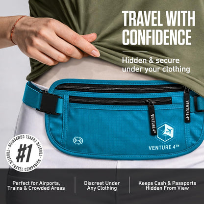 Money Belt for Travel – Slim Hidden Under-Clothes RFID Blocking Anti-Theft Passport Holder & Travel Wallet Pouch for Men & Women to Protect Cash, Cards & Documents (Black)