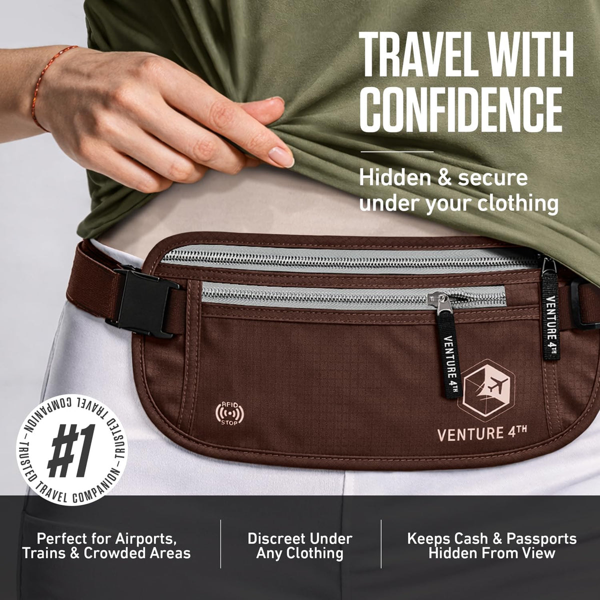 Money Belt for Travel – Slim Hidden Under-Clothes RFID Blocking Anti-Theft Passport Holder & Travel Wallet Pouch for Men & Women to Protect Cash, Cards & Documents (Black)