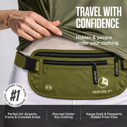 Money Belt for Travel – Slim Hidden Under-Clothes RFID Blocking Anti-Theft Passport Holder & Travel Wallet Pouch for Men & Women to Protect Cash, Cards & Documents (Black)