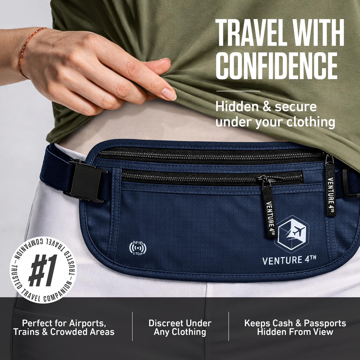Money Belt for Travel – Slim Hidden Under-Clothes RFID Blocking Anti-Theft Passport Holder & Travel Wallet Pouch for Men & Women to Protect Cash, Cards & Documents (Black)