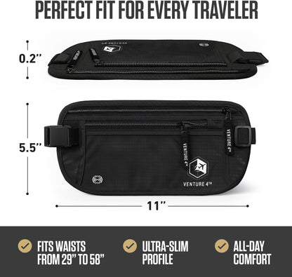 Money Belt for Travel – Slim Hidden Under-Clothes RFID Blocking Anti-Theft Passport Holder & Travel Wallet Pouch for Men & Women to Protect Cash, Cards & Documents (Black)