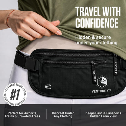 Money Belt for Travel – Slim Hidden Under-Clothes RFID Blocking Anti-Theft Passport Holder & Travel Wallet Pouch for Men & Women to Protect Cash, Cards & Documents (Black)