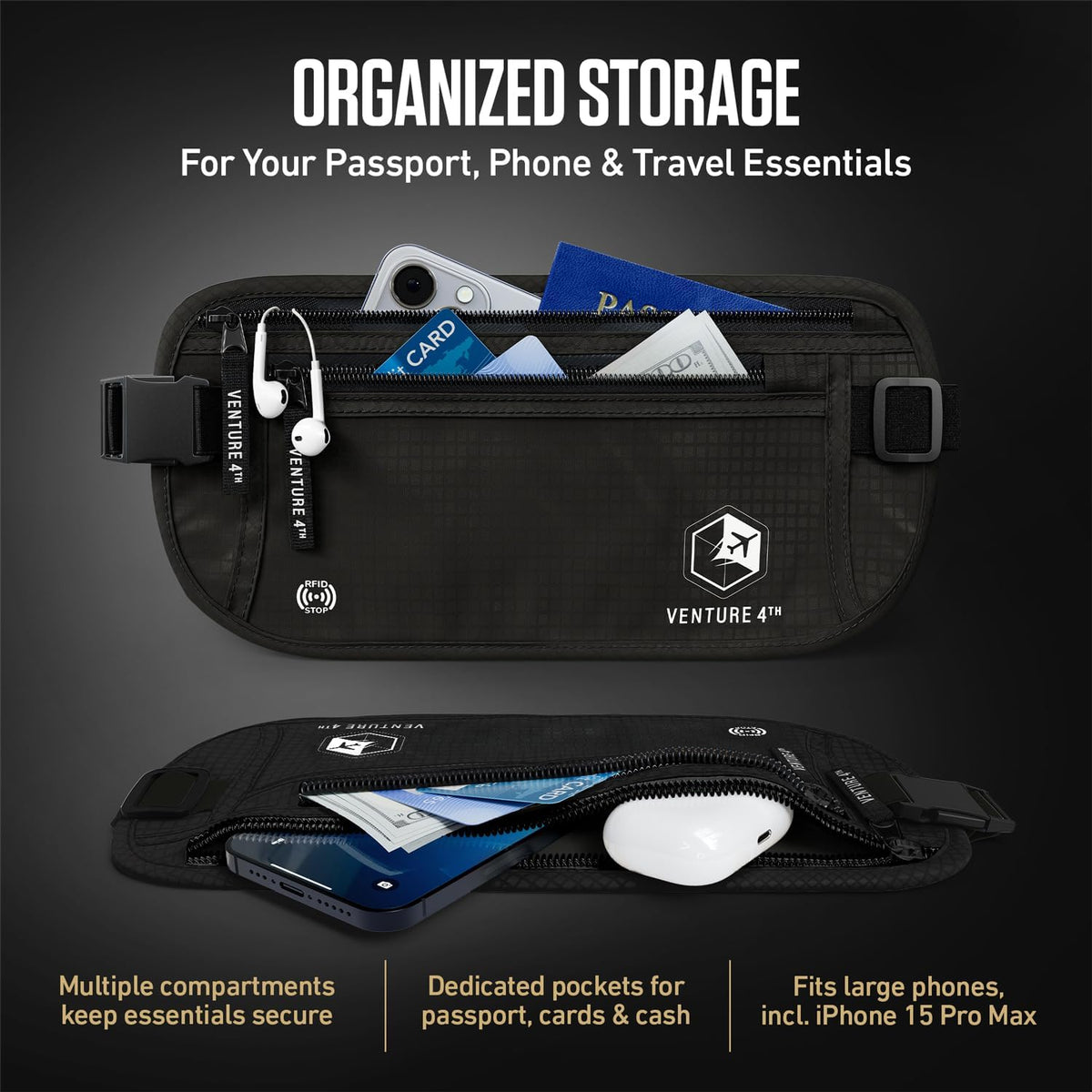 Money Belt for Travel – Slim Hidden Under-Clothes RFID Blocking Anti-Theft Passport Holder & Travel Wallet Pouch for Men & Women to Protect Cash, Cards & Documents (Black)