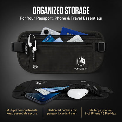 Money Belt for Travel – Slim Hidden Under-Clothes RFID Blocking Anti-Theft Passport Holder & Travel Wallet Pouch for Men & Women to Protect Cash, Cards & Documents (Black)