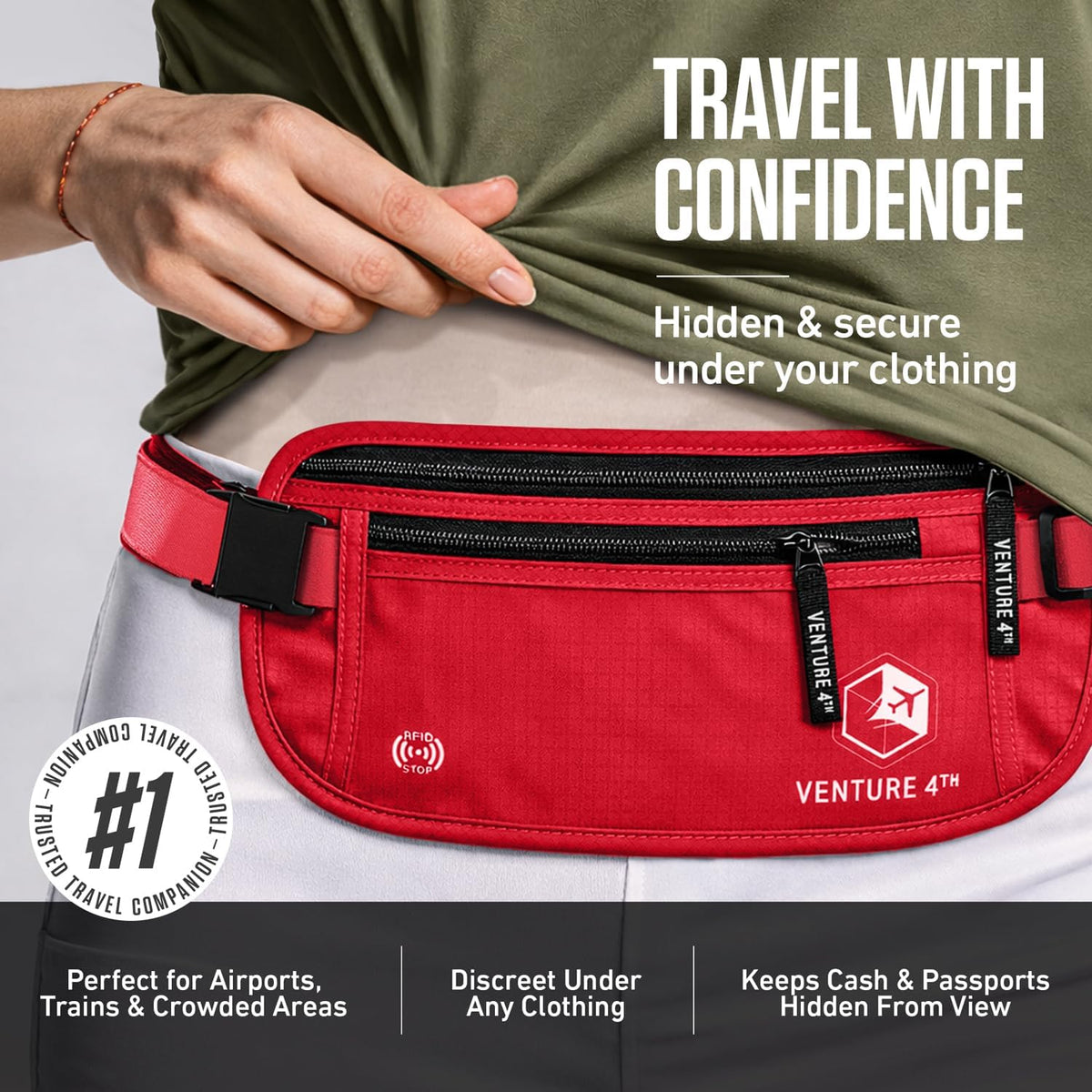 Money Belt for Travel – Slim Hidden Under-Clothes RFID Blocking Anti-Theft Passport Holder & Travel Wallet Pouch for Men & Women to Protect Cash, Cards & Documents (Black)