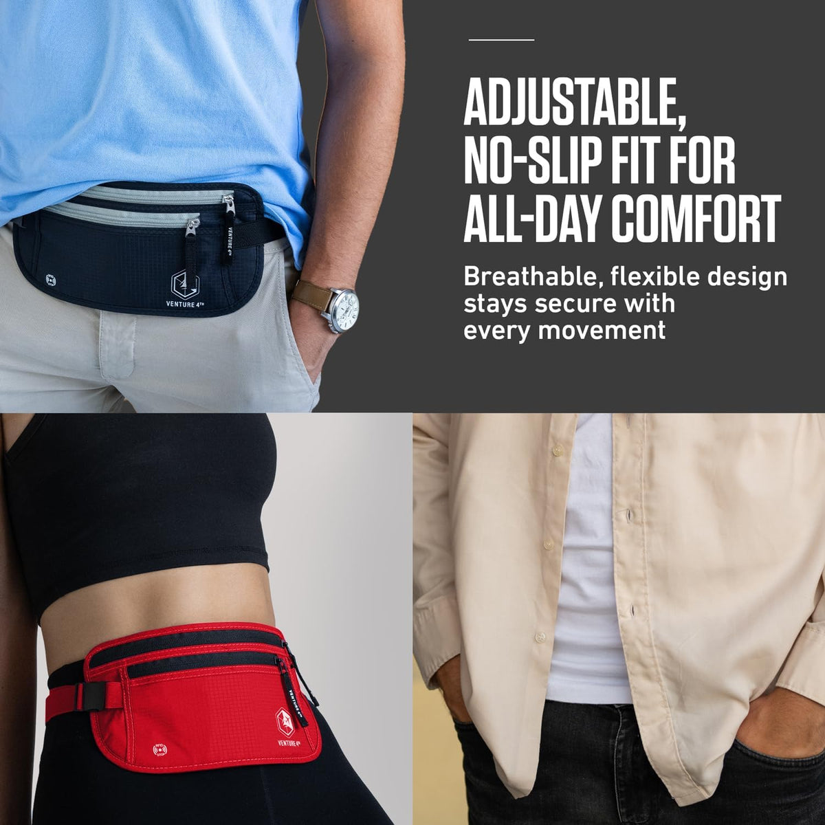 Money Belt for Travel – Slim Hidden Under-Clothes RFID Blocking Anti-Theft Passport Holder & Travel Wallet Pouch for Men & Women to Protect Cash, Cards & Documents (Black)