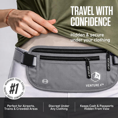Money Belt for Travel – Slim Hidden Under-Clothes RFID Blocking Anti-Theft Passport Holder & Travel Wallet Pouch for Men & Women to Protect Cash, Cards & Documents (Black)