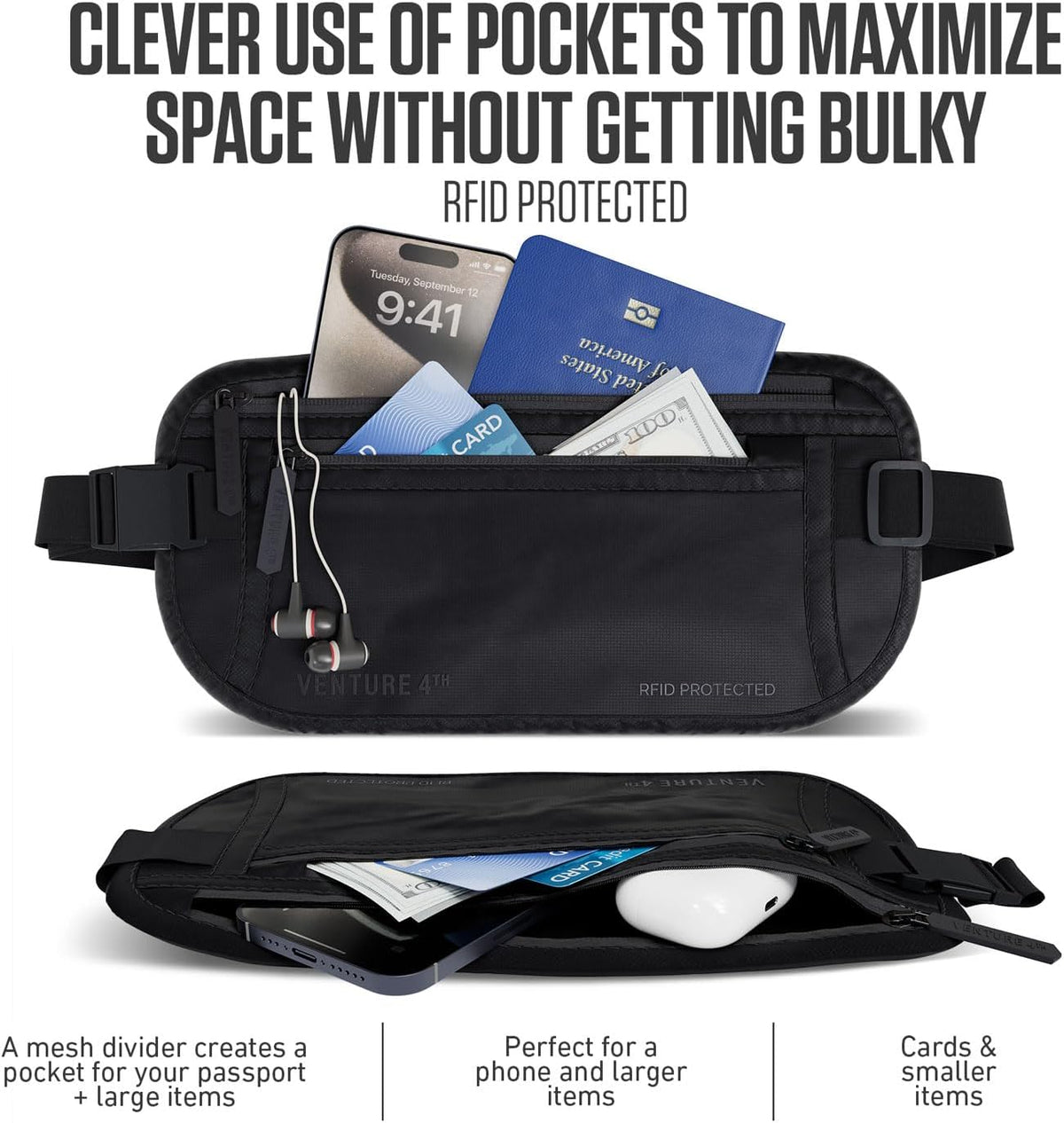 Money Belt for Travel – Slim Hidden Under-Clothes RFID Blocking Anti-Theft Passport Holder & Travel Wallet Pouch for Men & Women to Protect Cash, Cards & Documents (Black)