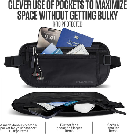 Money Belt for Travel – Slim Hidden Under-Clothes RFID Blocking Anti-Theft Passport Holder & Travel Wallet Pouch for Men & Women to Protect Cash, Cards & Documents (Black)