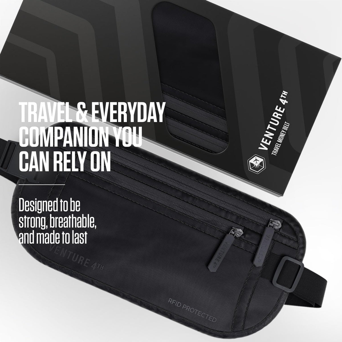 Money Belt for Travel – Slim Hidden Under-Clothes RFID Blocking Anti-Theft Passport Holder & Travel Wallet Pouch for Men & Women to Protect Cash, Cards & Documents (Black)