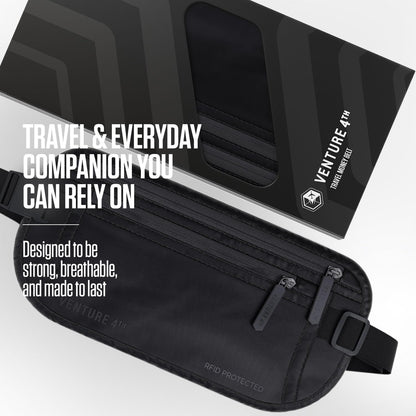 Money Belt for Travel – Slim Hidden Under-Clothes RFID Blocking Anti-Theft Passport Holder & Travel Wallet Pouch for Men & Women to Protect Cash, Cards & Documents (Black)