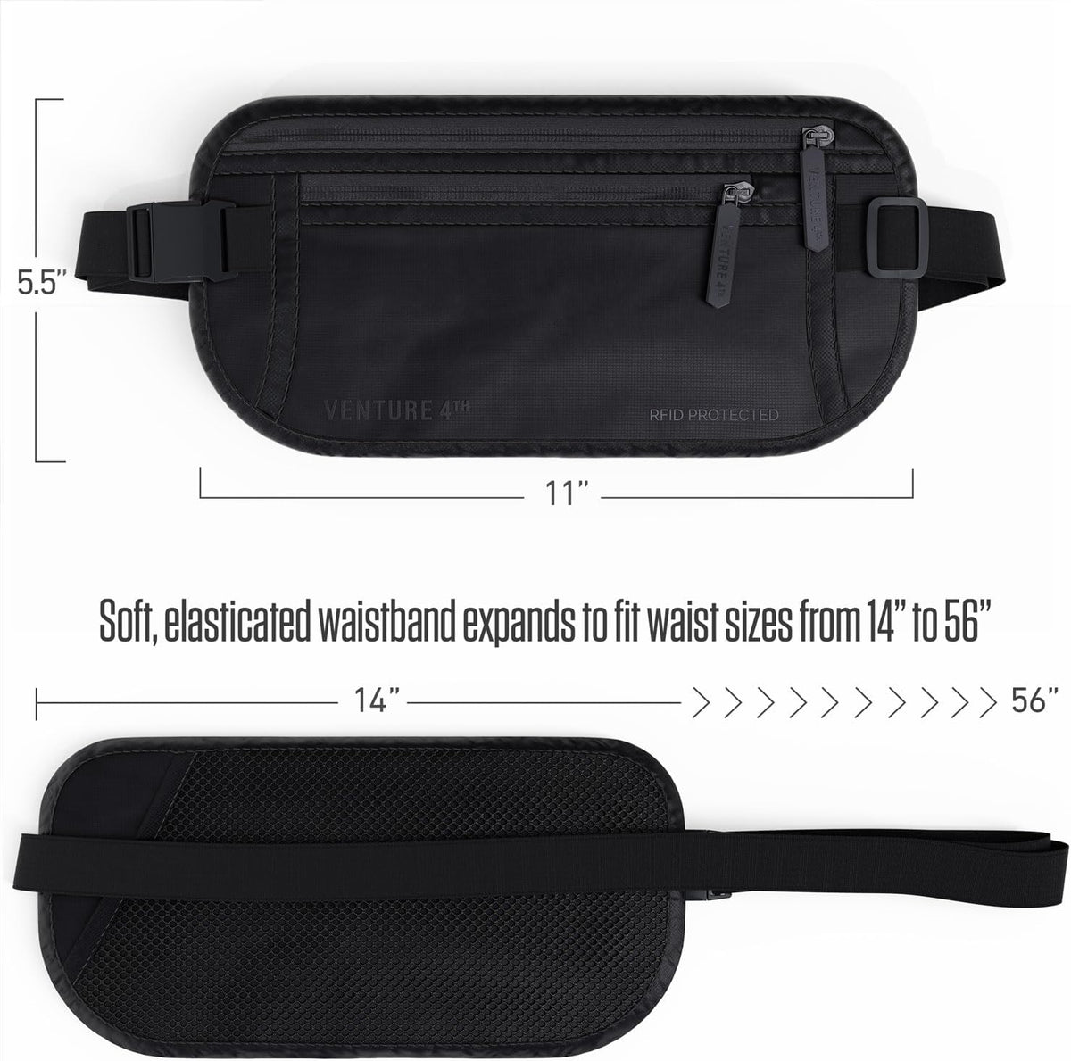 Money Belt for Travel – Slim Hidden Under-Clothes RFID Blocking Anti-Theft Passport Holder & Travel Wallet Pouch for Men & Women to Protect Cash, Cards & Documents (Black)