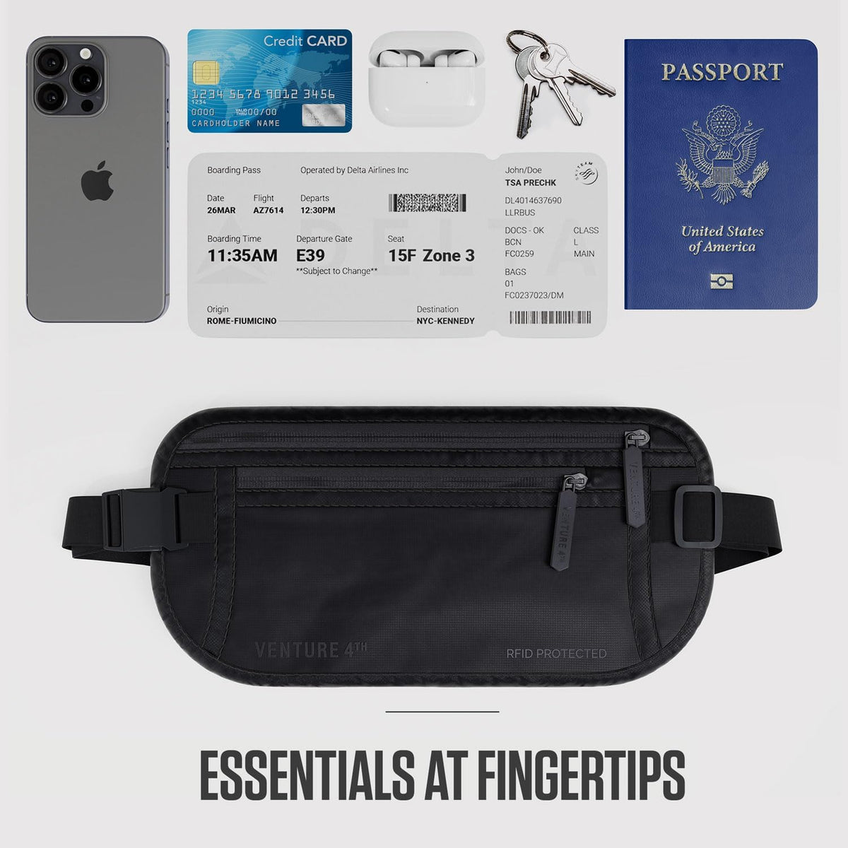 Money Belt for Travel – Slim Hidden Under-Clothes RFID Blocking Anti-Theft Passport Holder & Travel Wallet Pouch for Men & Women to Protect Cash, Cards & Documents (Black)