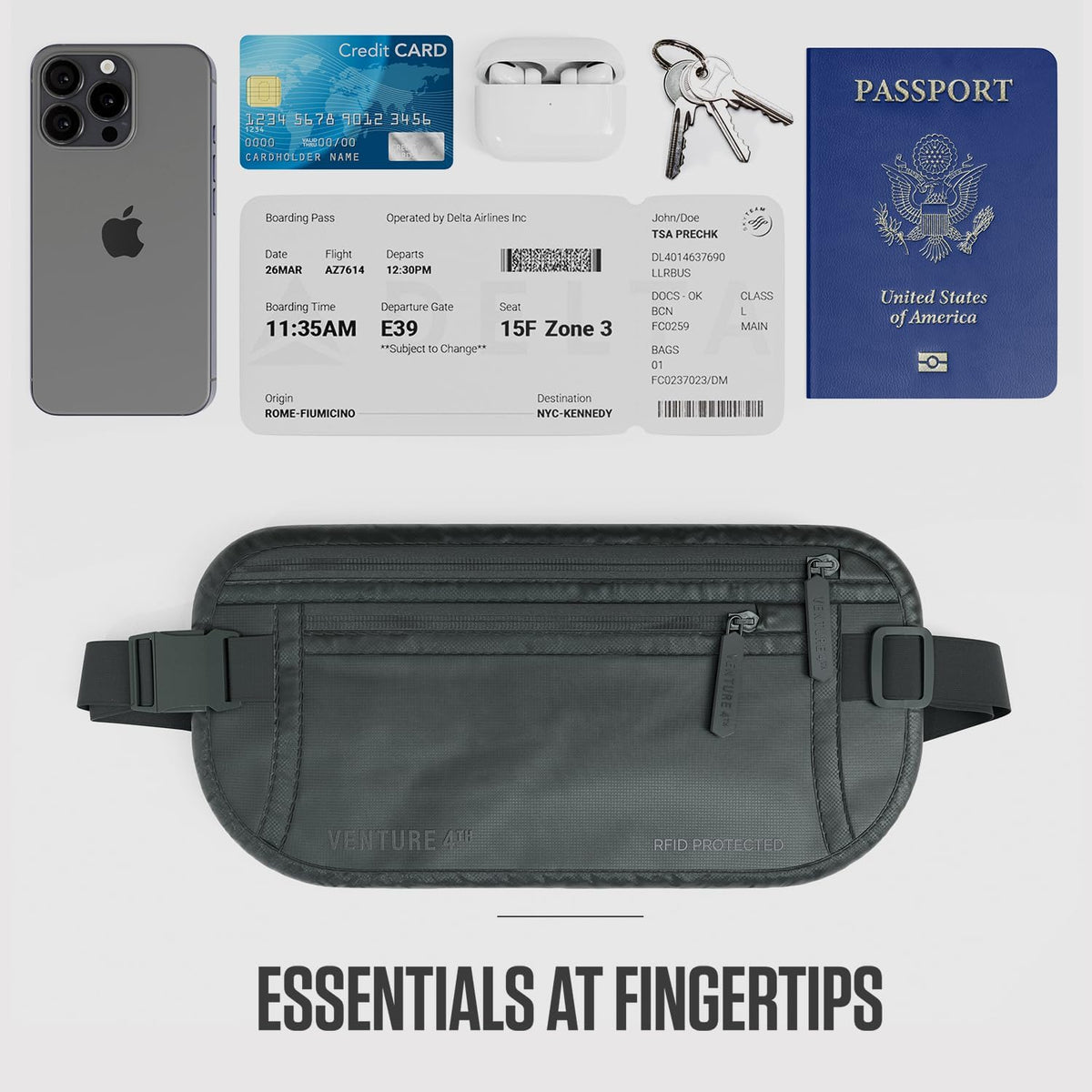 Money Belt for Travel – Slim Hidden Under-Clothes RFID Blocking Anti-Theft Passport Holder & Travel Wallet Pouch for Men & Women to Protect Cash, Cards & Documents (Black)