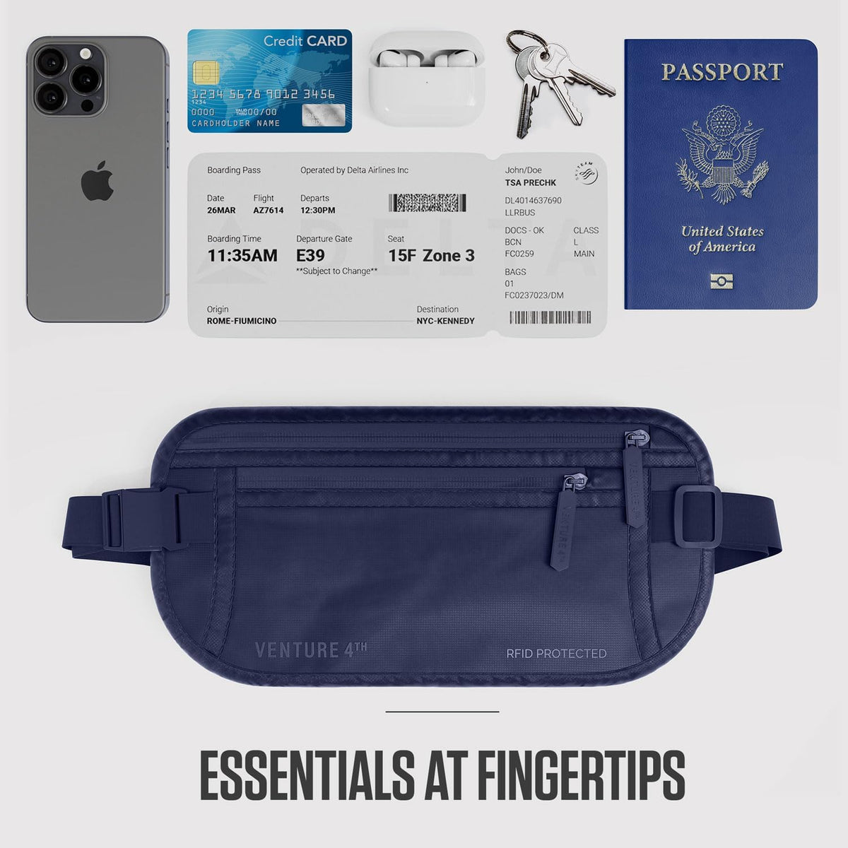 Money Belt for Travel – Slim Hidden Under-Clothes RFID Blocking Anti-Theft Passport Holder & Travel Wallet Pouch for Men & Women to Protect Cash, Cards & Documents (Black)