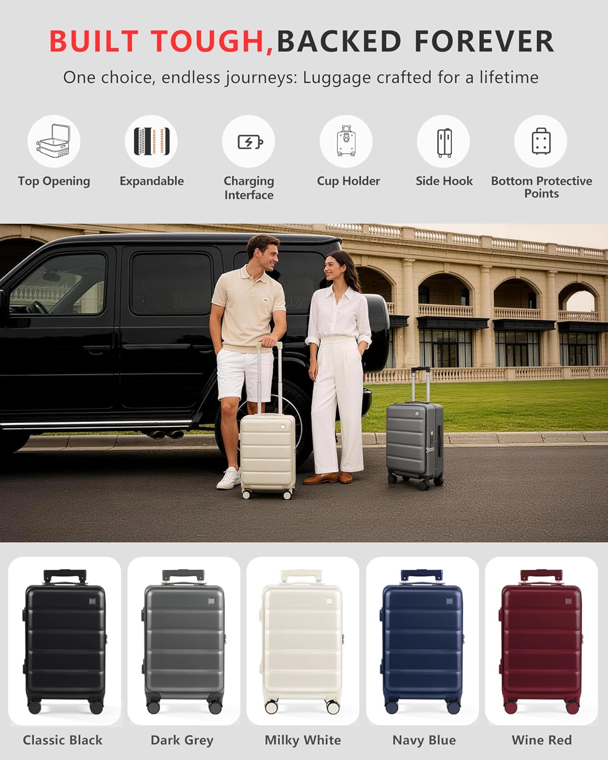 Expandable 20Inch Carry On Luggage Airline Approved - Top Opening Hardside Travel Suitcase Unbreakable -with Cup Holder,USB Charge,Side Pothook, 360°Spinner Wheels, TSA Lock-Wine Red