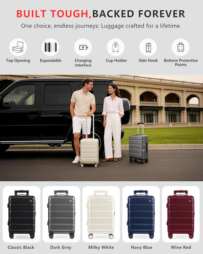 Expandable 20Inch Carry On Luggage Airline Approved - Top Opening Hardside Travel Suitcase Unbreakable -with Cup Holder,USB Charge,Side Pothook, 360°Spinner Wheels, TSA Lock-Wine Red