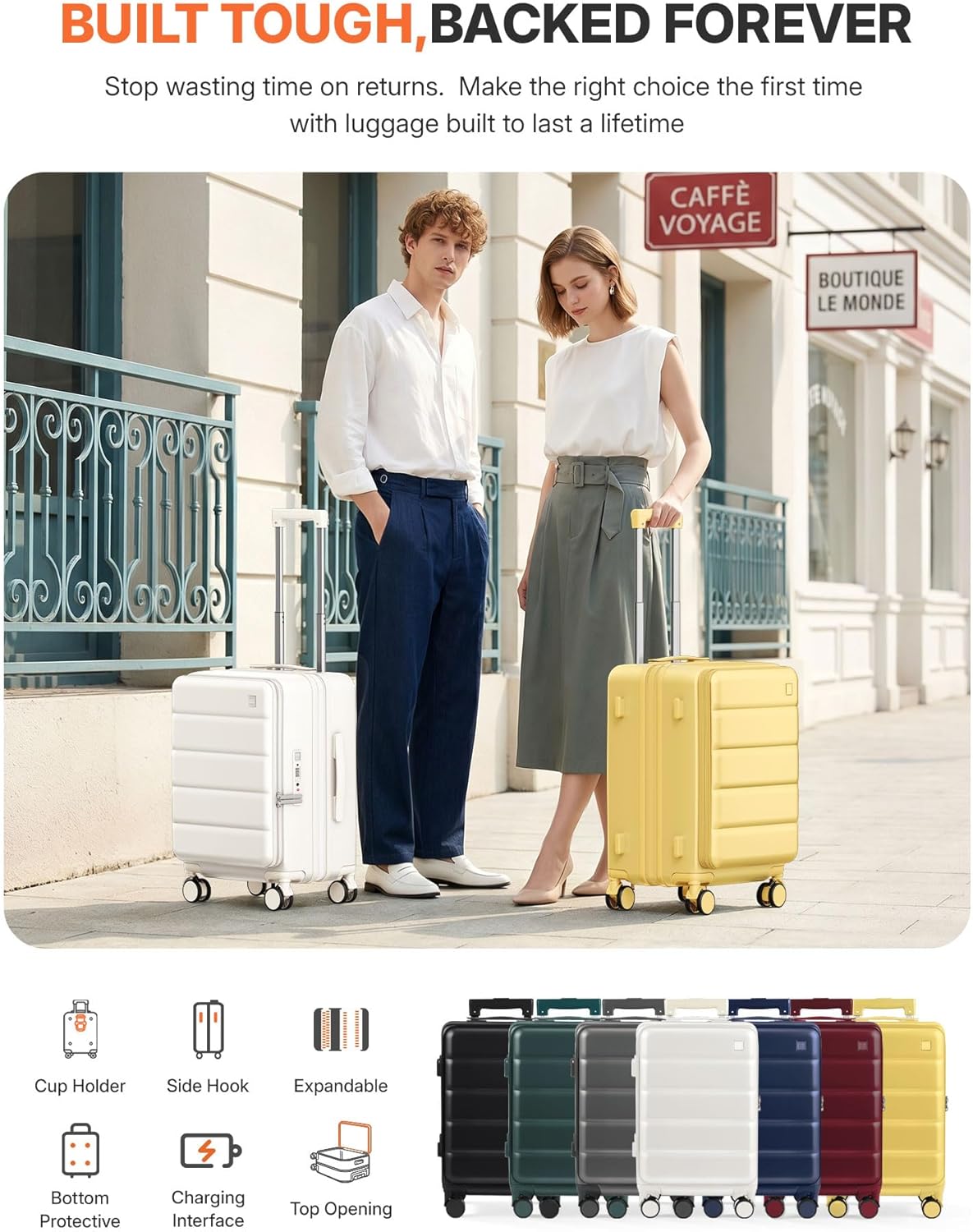 Expandable 20Inch Carry On Luggage Airline Approved - Top Opening Hardside Travel Suitcase Unbreakable -with Cup Holder,USB Charge,Side Pothook, 360°Spinner Wheels, TSA Lock-Wine Red
