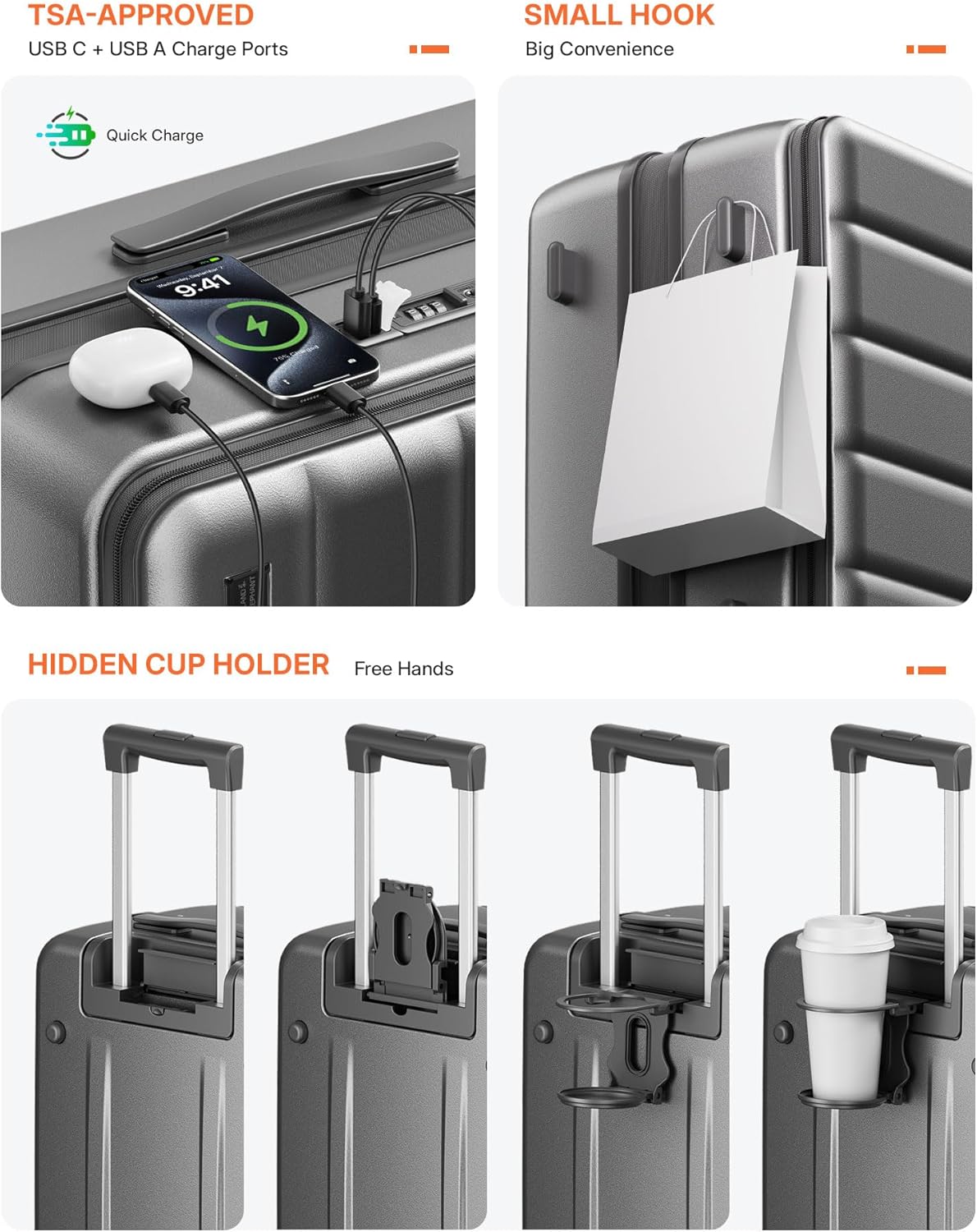 Expandable 20Inch Carry On Luggage Airline Approved - Top Opening Hardside Travel Suitcase Unbreakable -with Cup Holder,USB Charge,Side Pothook, 360°Spinner Wheels, TSA Lock-Wine Red