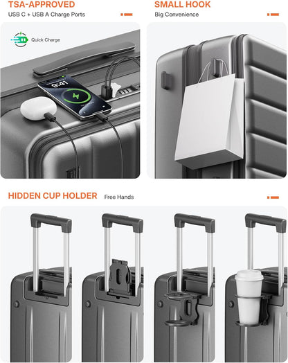 Expandable 20Inch Carry On Luggage Airline Approved - Top Opening Hardside Travel Suitcase Unbreakable -with Cup Holder,USB Charge,Side Pothook, 360°Spinner Wheels, TSA Lock-Wine Red
