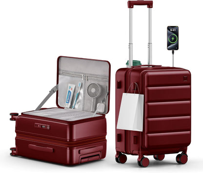 Expandable 20Inch Carry On Luggage Airline Approved - Top Opening Hardside Travel Suitcase Unbreakable -with Cup Holder,USB Charge,Side Pothook, 360°Spinner Wheels, TSA Lock-Wine Red