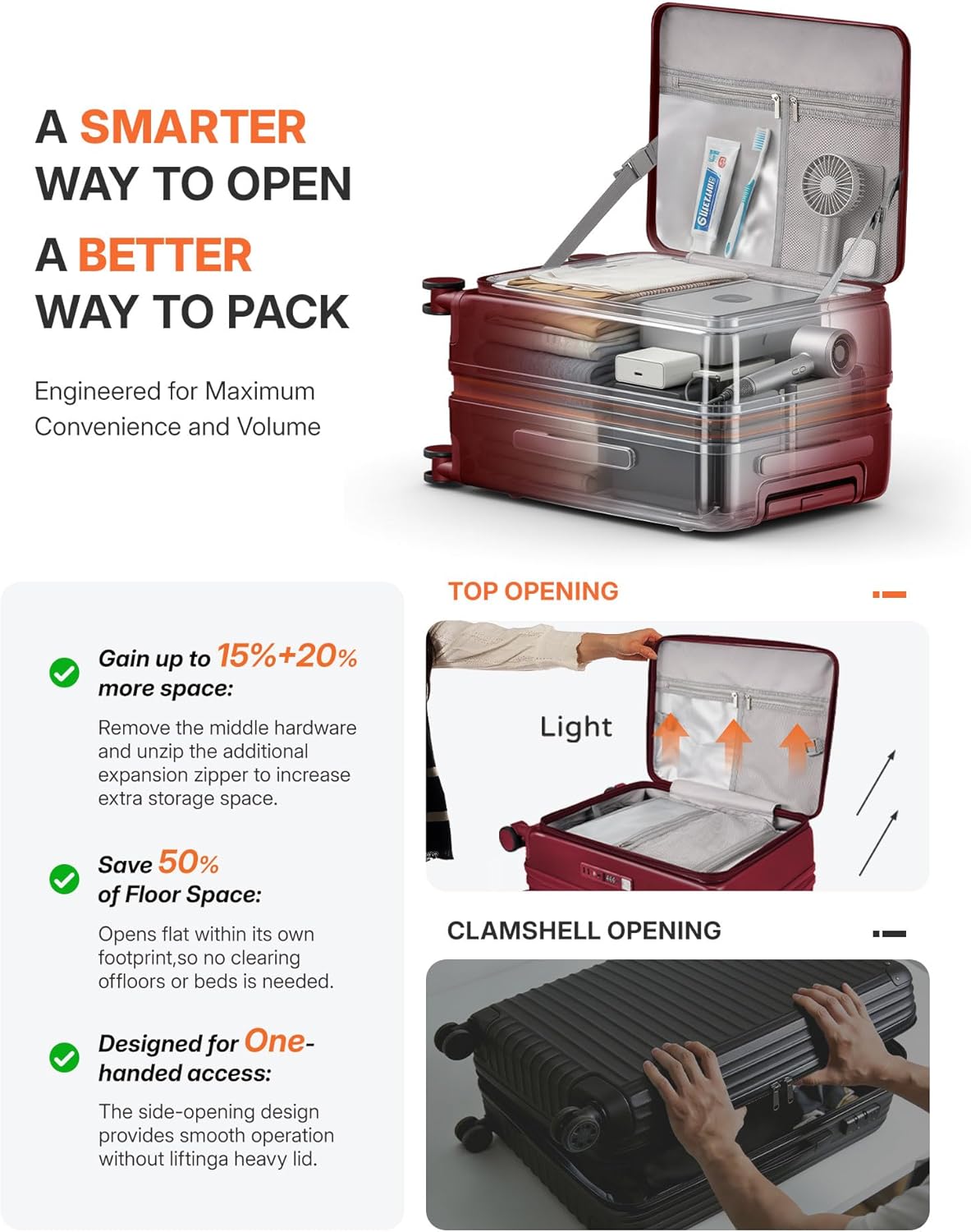 Expandable 20Inch Carry On Luggage Airline Approved - Top Opening Hardside Travel Suitcase Unbreakable -with Cup Holder,USB Charge,Side Pothook, 360°Spinner Wheels, TSA Lock-Wine Red