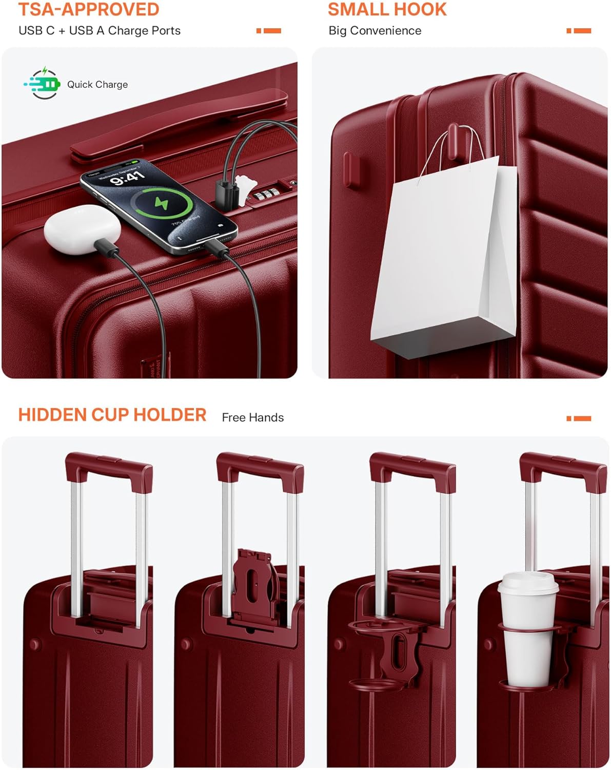 Expandable 20Inch Carry On Luggage Airline Approved - Top Opening Hardside Travel Suitcase Unbreakable -with Cup Holder,USB Charge,Side Pothook, 360°Spinner Wheels, TSA Lock-Wine Red