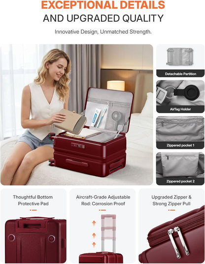 Expandable 20Inch Carry On Luggage Airline Approved - Top Opening Hardside Travel Suitcase Unbreakable -with Cup Holder,USB Charge,Side Pothook, 360°Spinner Wheels, TSA Lock-Wine Red
