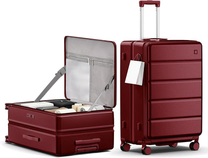 Expandable 20Inch Carry On Luggage Airline Approved - Top Opening Hardside Travel Suitcase Unbreakable -with Cup Holder,USB Charge,Side Pothook, 360°Spinner Wheels, TSA Lock-Wine Red