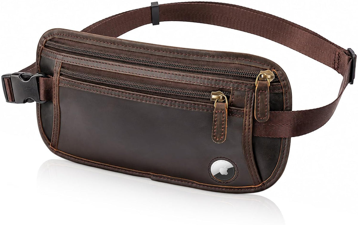 Polare Full Grain Leather Money Belt Hidden Passport Holder Wallet Travel Pouch with AirTag Slot Slim RFID Blocking Undercover Waist Bag