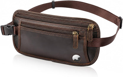 Polare Full Grain Leather Money Belt Hidden Passport Holder Wallet Travel Pouch with AirTag Slot Slim RFID Blocking Undercover Waist Bag