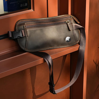 Polare Full Grain Leather Money Belt Hidden Passport Holder Wallet Travel Pouch with AirTag Slot Slim RFID Blocking Undercover Waist Bag